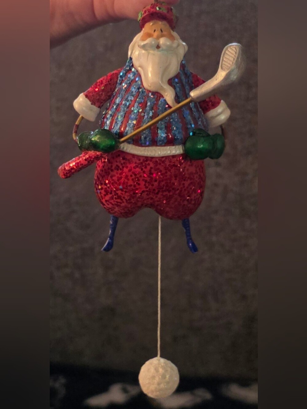 Holiday Santa Ornament in Red Glitter with Green Mittens